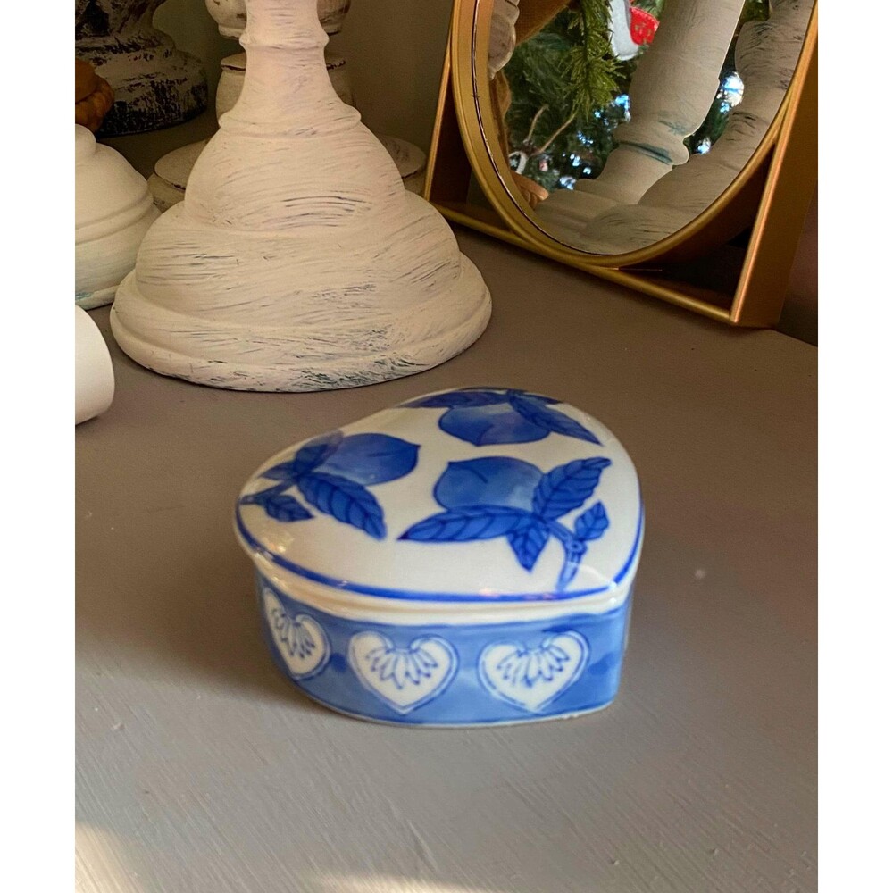Vintage Hand Painted Trinket Box Blue and White